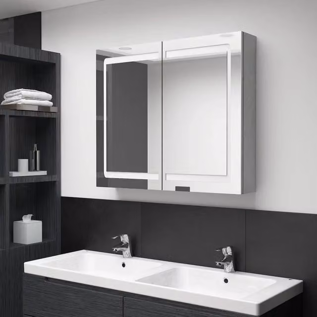 Armadietto da bagno moderno vidaXL con specchio e illuminazione LED, Grigio, L: 80 cm, P: 12 cm, H: 68 cm – 1