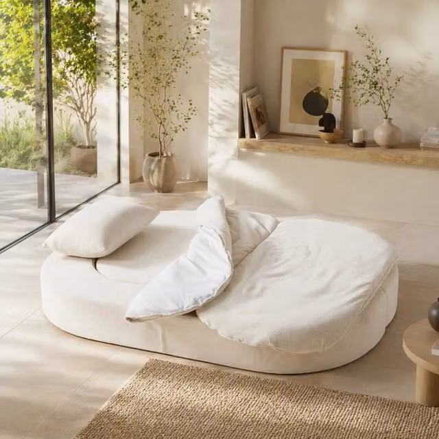 Divano letto pieghevole 3 in 1 in flanella bianco sporco; senza montaggio