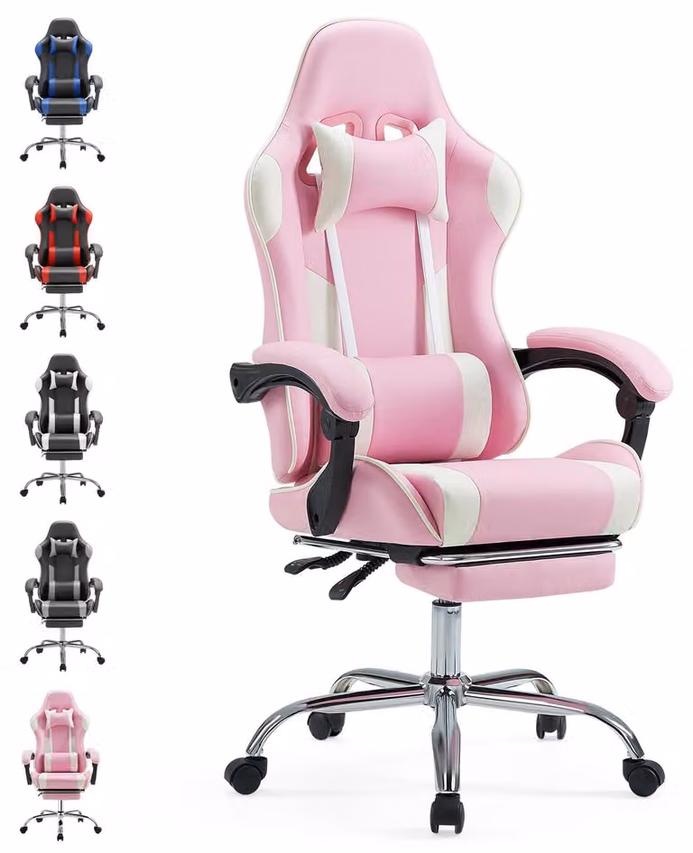 Sedia da ufficio per videogiochi - sedia ergonomica per computer con poggiapiedi, color rosa
