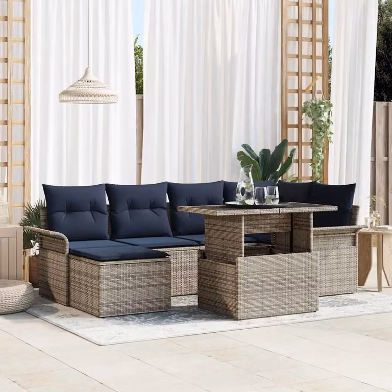 Set Divano da Giardino vidaXL 7 Pezzi Moderno a Forma di L con Tavolino e Pouf, Grigio e Blu, Struttura in Acciaio e Cuscini in Poliestere Resistenti ai Raggi UV