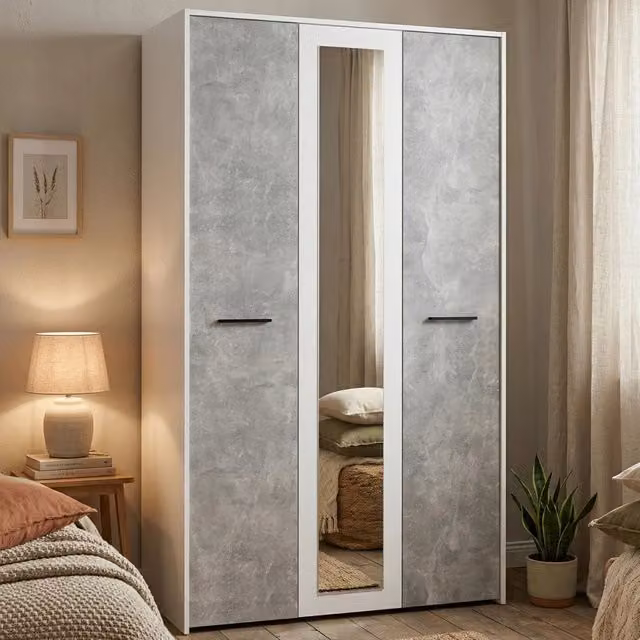 Armadio da camera da letto DMORA con 3 ante battenti, specchio e ripiani interni, Bianco e Grigio, L: 119 cm, P: 53 cm, H: 204 cm