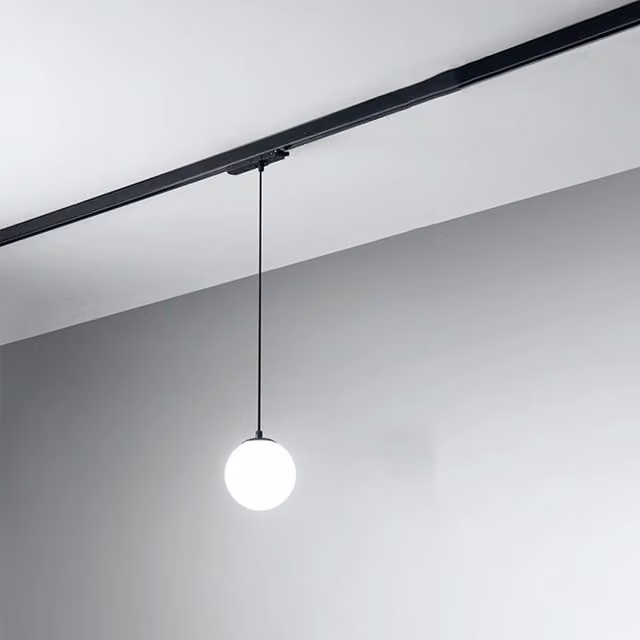 Lampada a sospensione con binario Perenz Illumina in metallo e vetro, LED 15W, luce calda 3000K, colore nero o bianco, con design minimalista e connettibile