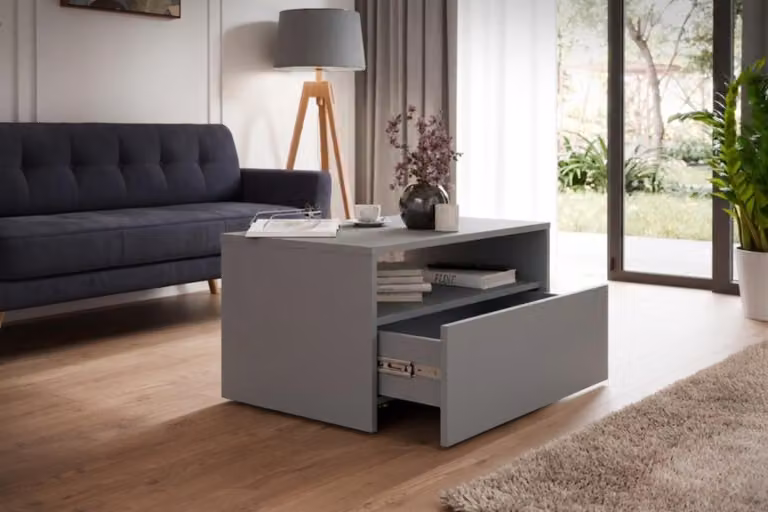 Tavolino da salotto LINO grigio con rotelle e cassetto – un tavolino moderno per il salotto