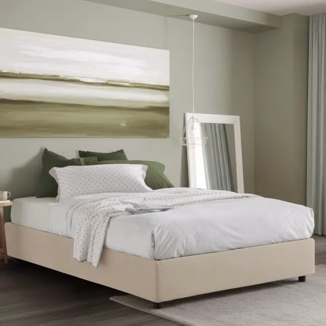 Letto matrimoniale contenitore Alaksir Talamo Italia con rivestimento in tessuto beige e materasso incluso 140x200 cm – 1