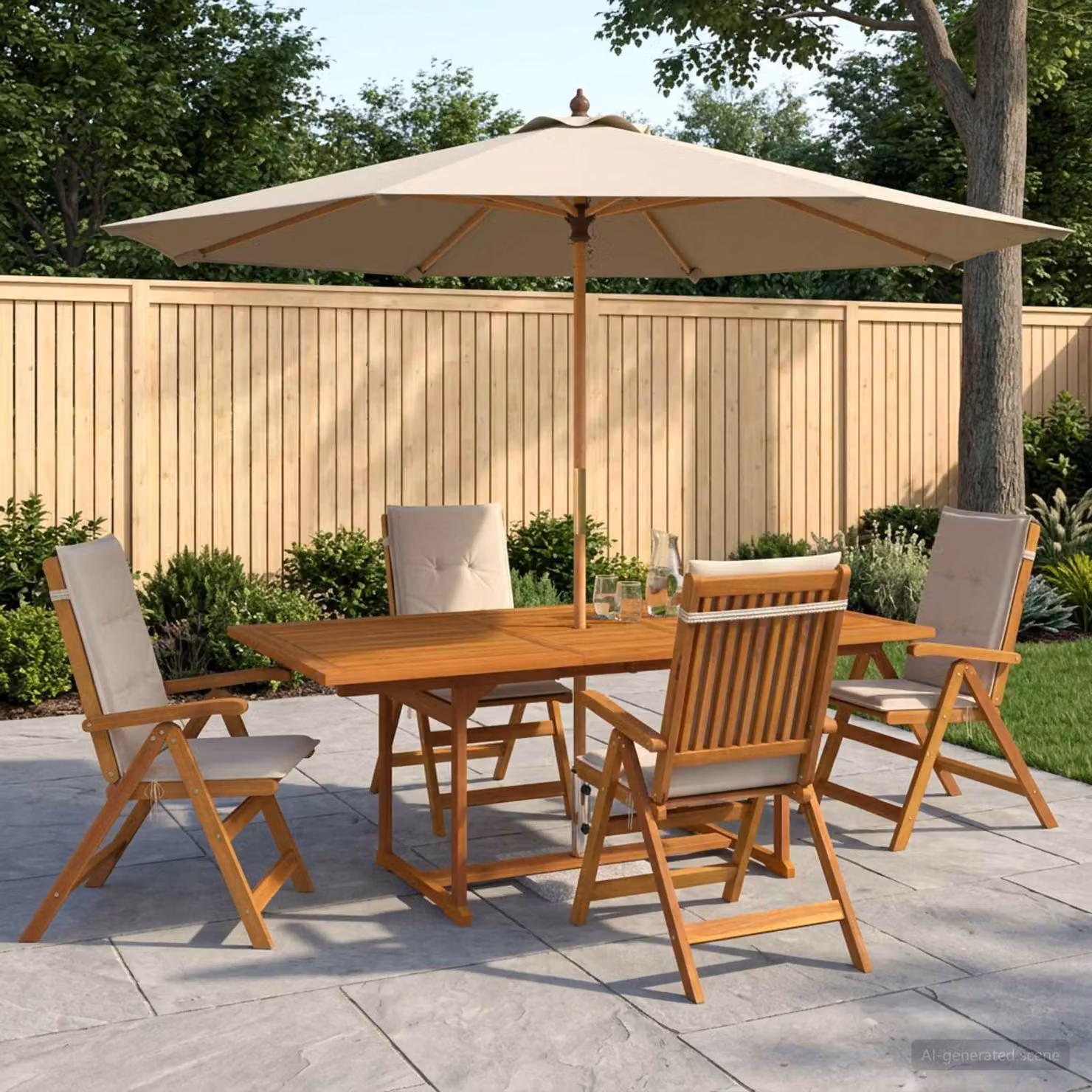 Set da pranzo da esterno vidaXL in legno di acacia con ombrellone, 6 pezzi per 4 persone