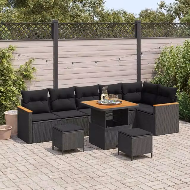 Set Divano da Giardino 9 pz Nero polyrattan 3363059
