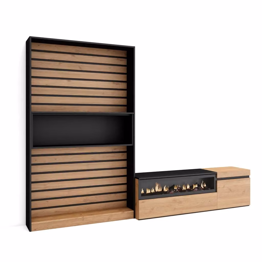Mobile TV da soggiorno SKRAUT HOME con camino elettrico per TV fino a 65 pollici, colore Rovere e nero, L: 260 cm, P: 35 cm, H: 186 cm – 2