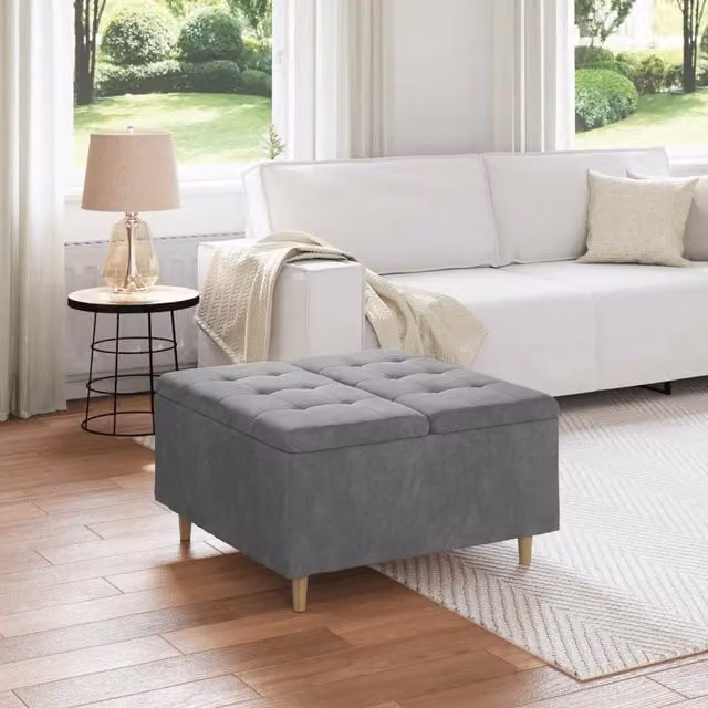 Pouf con contenitore vidaXL in velluto grigio, rettangolare, L 80 cm x P 80 cm x H 45 cm