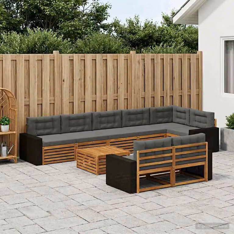 Set di divani da esterno vidaXL a forma di U in legno di acacia con cuscini, 9 pezzi, marrone e grigio