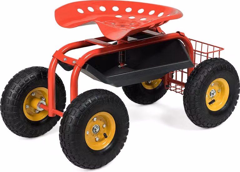 Carrello da giardino pieghevole, carrello da lavoro mobile con altezza regolabile, sedile girevole a 360°, vassoio porta attrezzi e cesto portaoggetti, con ruote, rosso