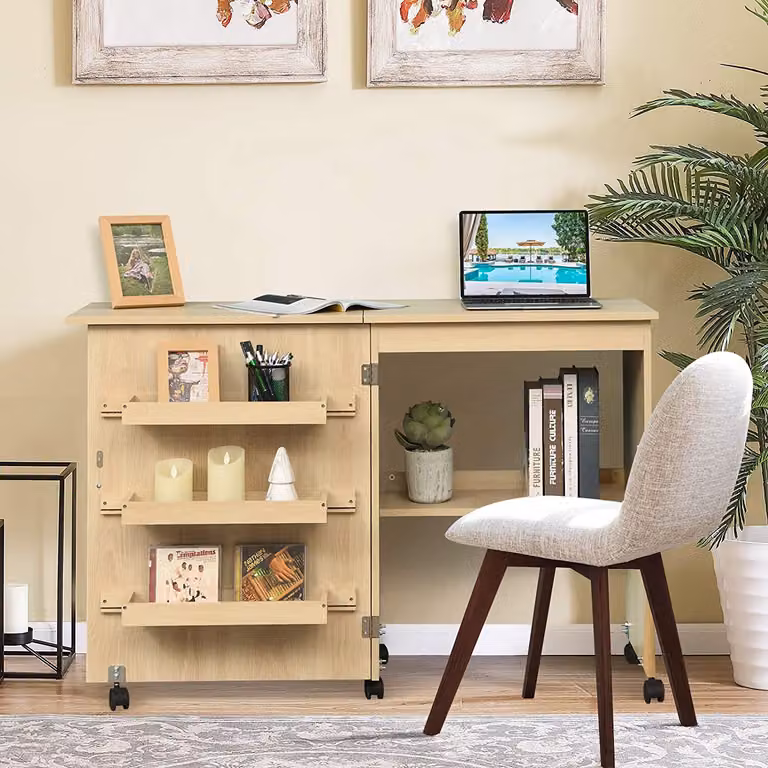 COSTWAY 2 in 1 mobile e scrivania da cucito, tavolo da cucito pieghevole, tavolo per macchina da cucire su ruote, mobile per macchina da cucire, tavolo multiuso, tavolo da lavoro per soggiorno, camera da letto e ufficio, 59x40x79,5 cm (beige)