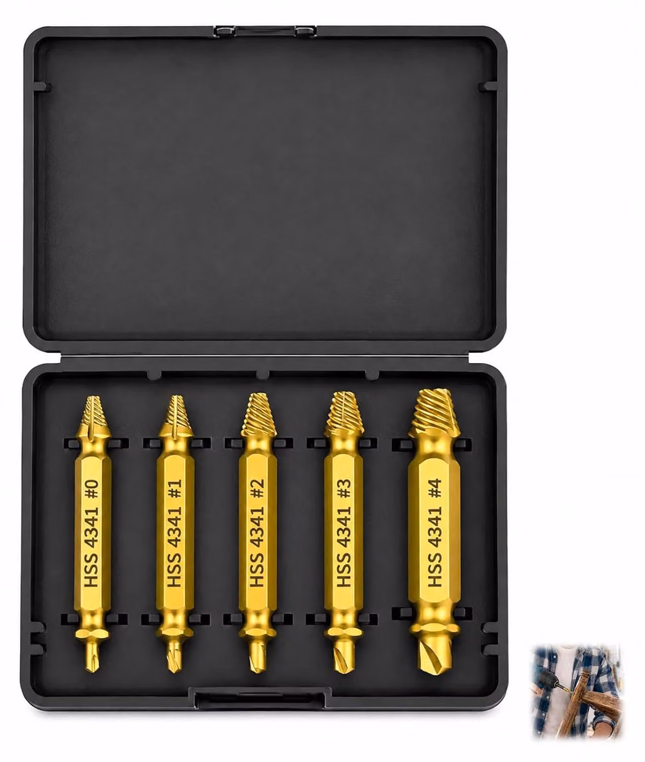 Set di estrattori per viti, composto da 5 pezzi, in acciaio HSS 4341 con rivestimento in titanio, per viti danneggiate, da 1 a 14 mm