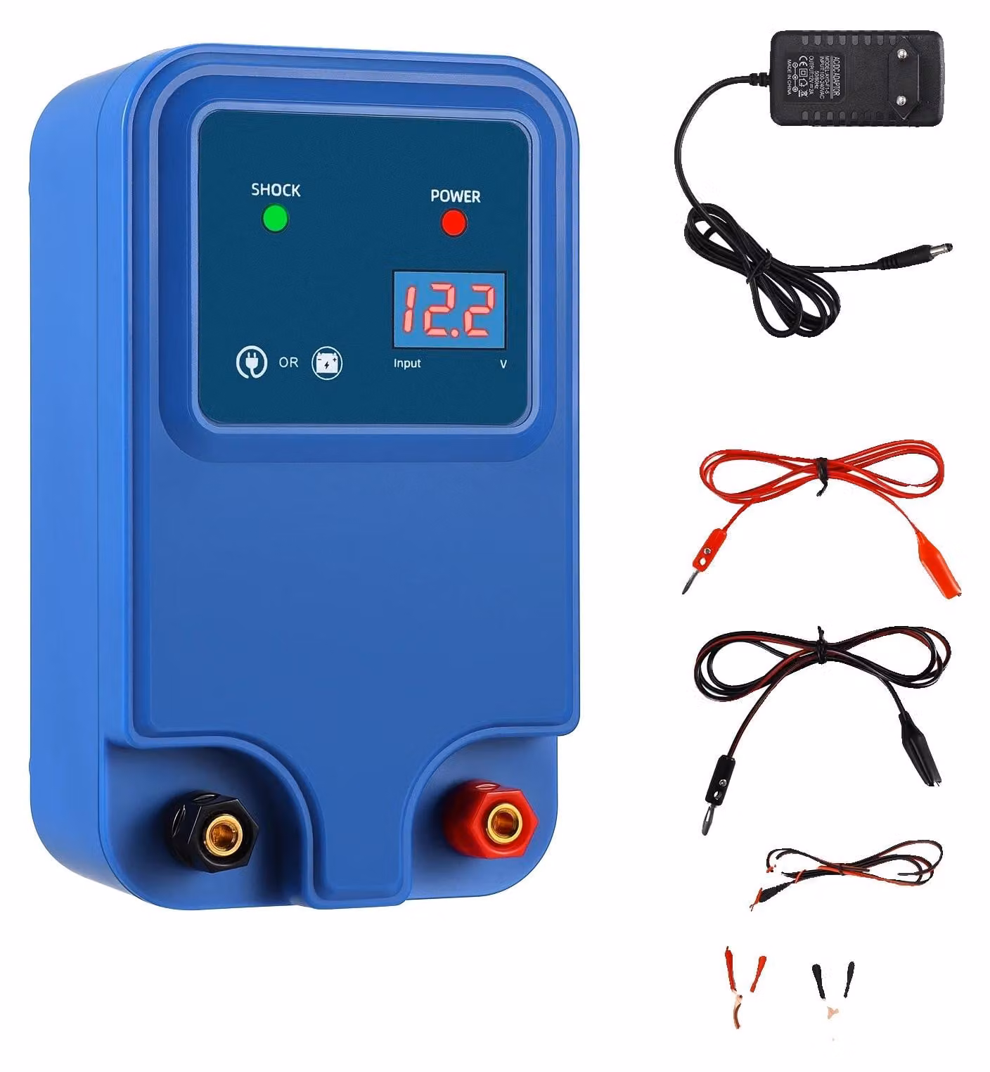 Dispositivo di alimentazione per recinzione elettrica, ideale per lunghe distanze, facile da installare, colore blu