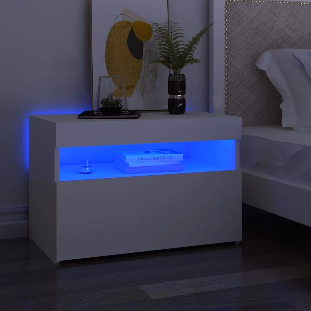 Comodino moderno vidaXL con luci LED integrate in legno e MDF, bianco, L 60 x P 35 x H 40 cm