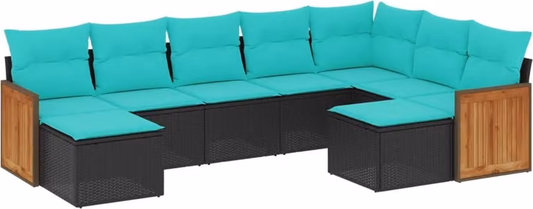 Set Divani da Giardino 9 pz con Cuscini Nero in Polyrattan