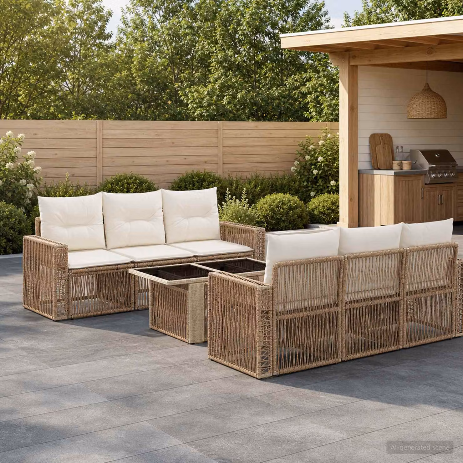 Set Divano da Giardino vidaXL 7 Pezzi in Polyrattan con Cuscini Beige e Bianco Crema