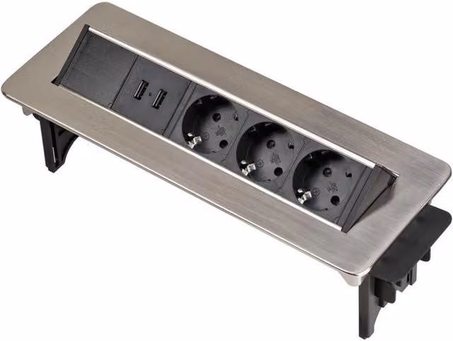 Presa multipla da tavolo Brennenstuhl Indesk Power con 3 prese Schuko, 2 porte USB e cavo da 2 m, colore Argento Nero