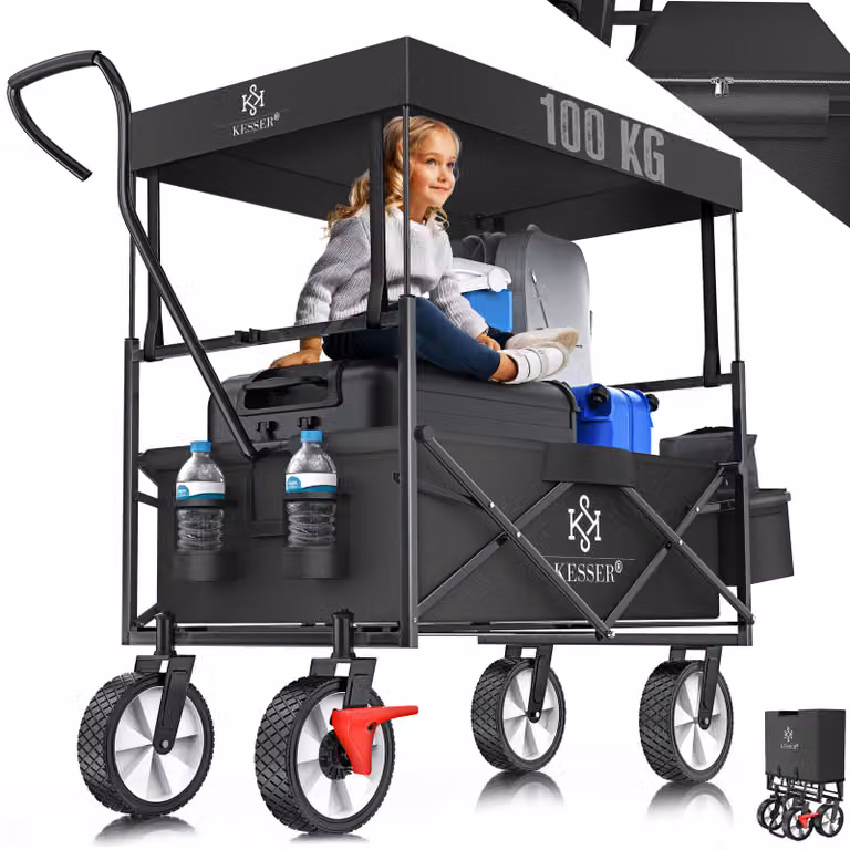 Carrello pieghevole KESSER® con tettuccio | Carrello a mano | Carrello da trasporto | Carrello portaattrezzi | Incl. 2 tasche a rete e 1 tasca esterna | Pieghevole | Pneumatici in gomma piena | Portata fino a 100 kg | Con freno sulla ruota anteriore