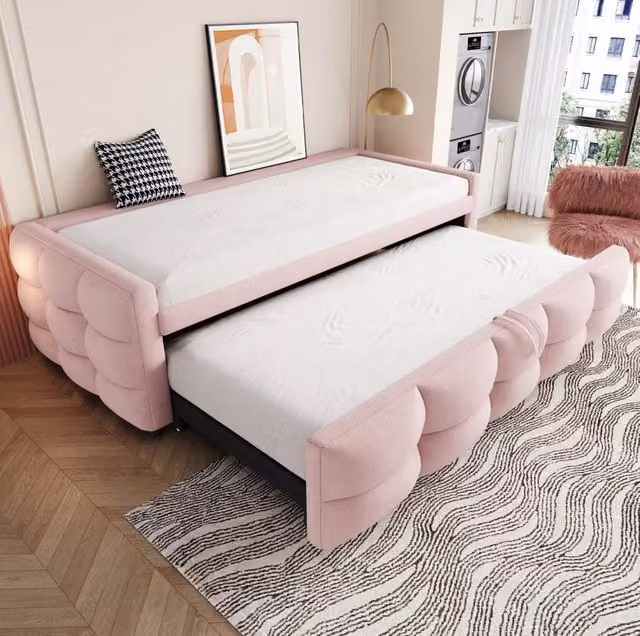 Letto estraibile ULEVR 90/180x190 cm con rete a doghe, rivestimento in tessuto teddy rosa