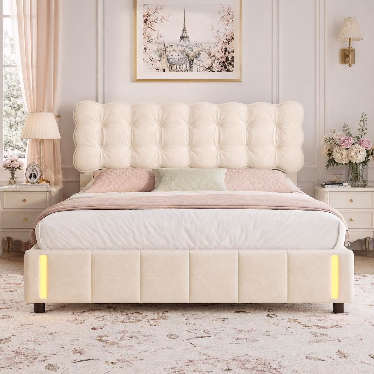 Letto matrimoniale con boxspring INONEFT, dimensioni 140x200 cm, con illuminazione LED a induzione, letto imbottito con sistema idraulico e contenitore, letto per giovani con rete a doghe e contenitore, rivestito in velluto color beige