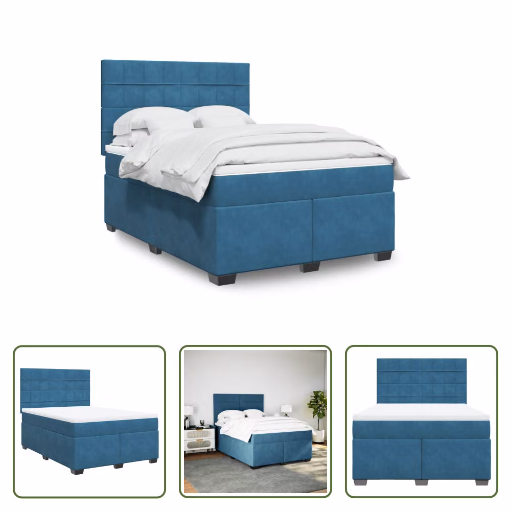 The Living Store Letto a molle con materasso Blu 140x190 cm in velluto
