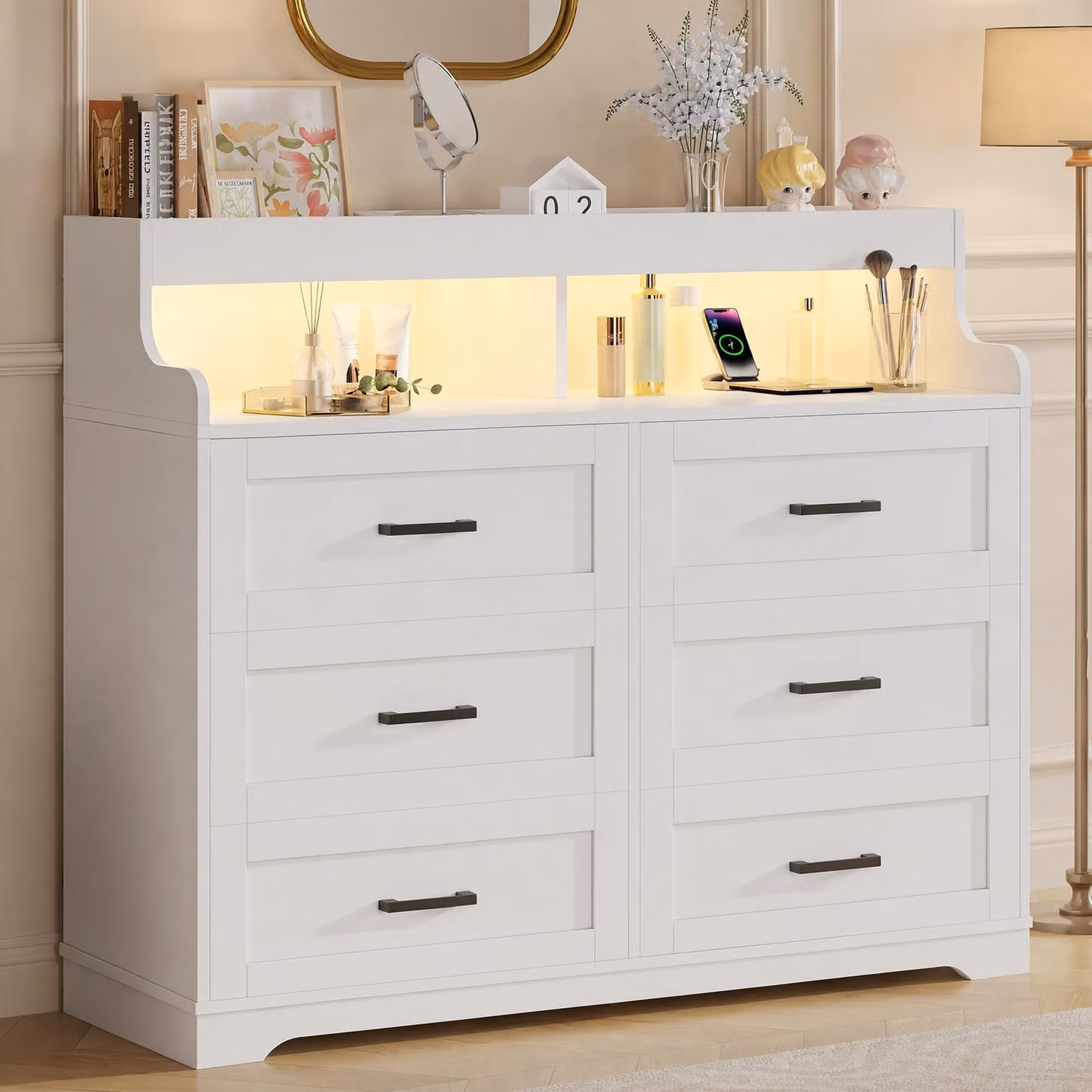 Comodino ProximaX, 110x40x99 cm, bianco, con 6 cassetti, illuminazione RGB-LED, prese USB e prese di corrente