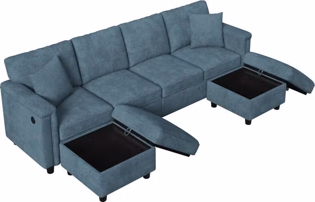 Divano modulare in chenille blu da 261×134×82 cm con pouf contenitore e ricarica USB integrata