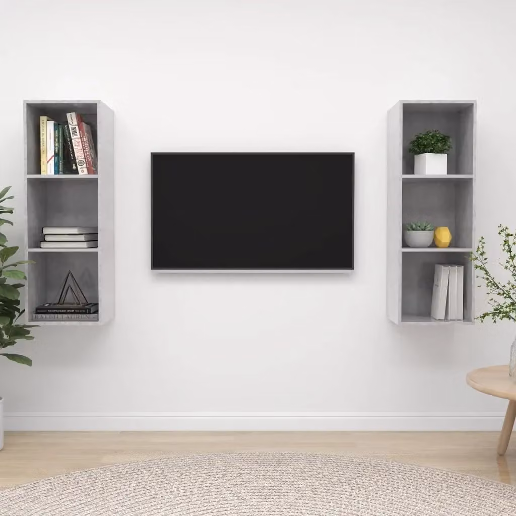 Set di 2 Mobili TV da Parete Moderni in MDF Grigio Cemento con Finitura Opaca