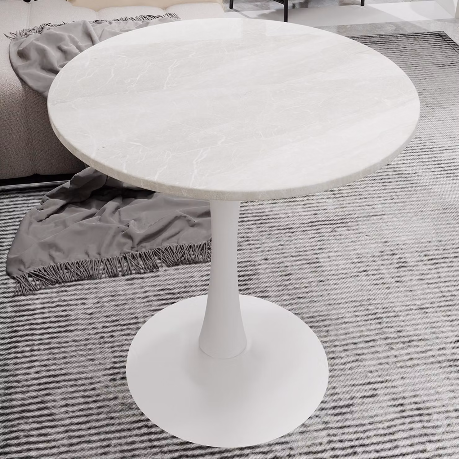 MODFU Tavolino da caffè in stile Mid-Century-Modern, Tavolino da salotto con piano in marmo rotondo da 27,6 pollici di diametro, Tavolino da divano con gambe alte per 2-4 persone, Bianco