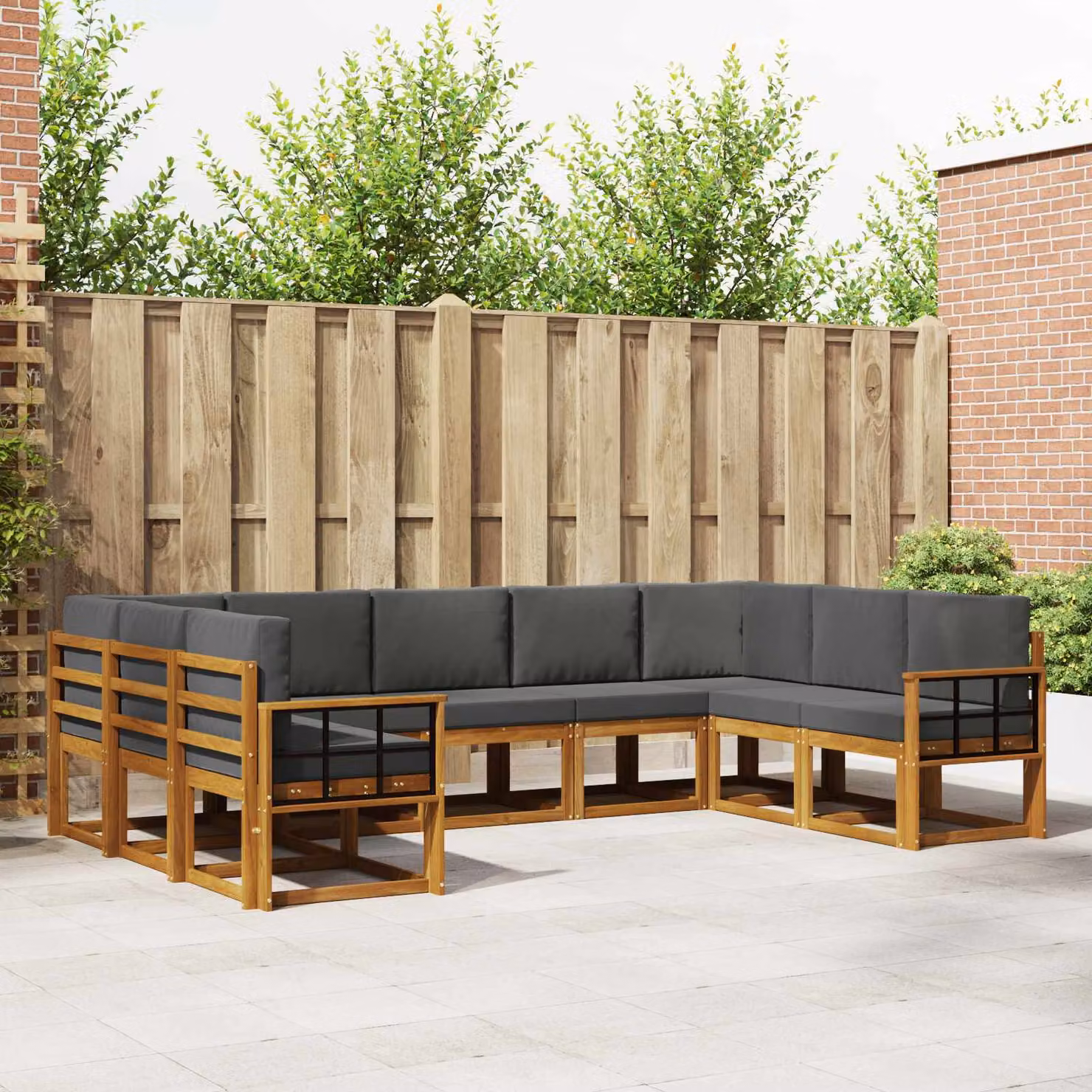 Set di divani da esterno vidaXL 9 pz in legno di acacia con cuscini, forma a L, colori beige, antracite e marrone