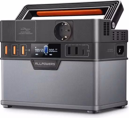 Generatore portatile da 288Wh con trasformatore DC/AC, ricarica wireless e Bluetooth, colore grigio
