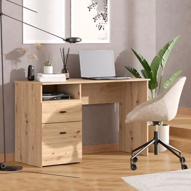 Scrivania DMORA Frutal con 2 Cassetti, Colore Marrone Rovere e Nero, L 127 cm x P 51 cm x H 77 cm – 1