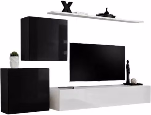 Composizione murale SWITCH V – Mobile TV e blocchi sospesi – Bianco e nero lucido – Design moderno