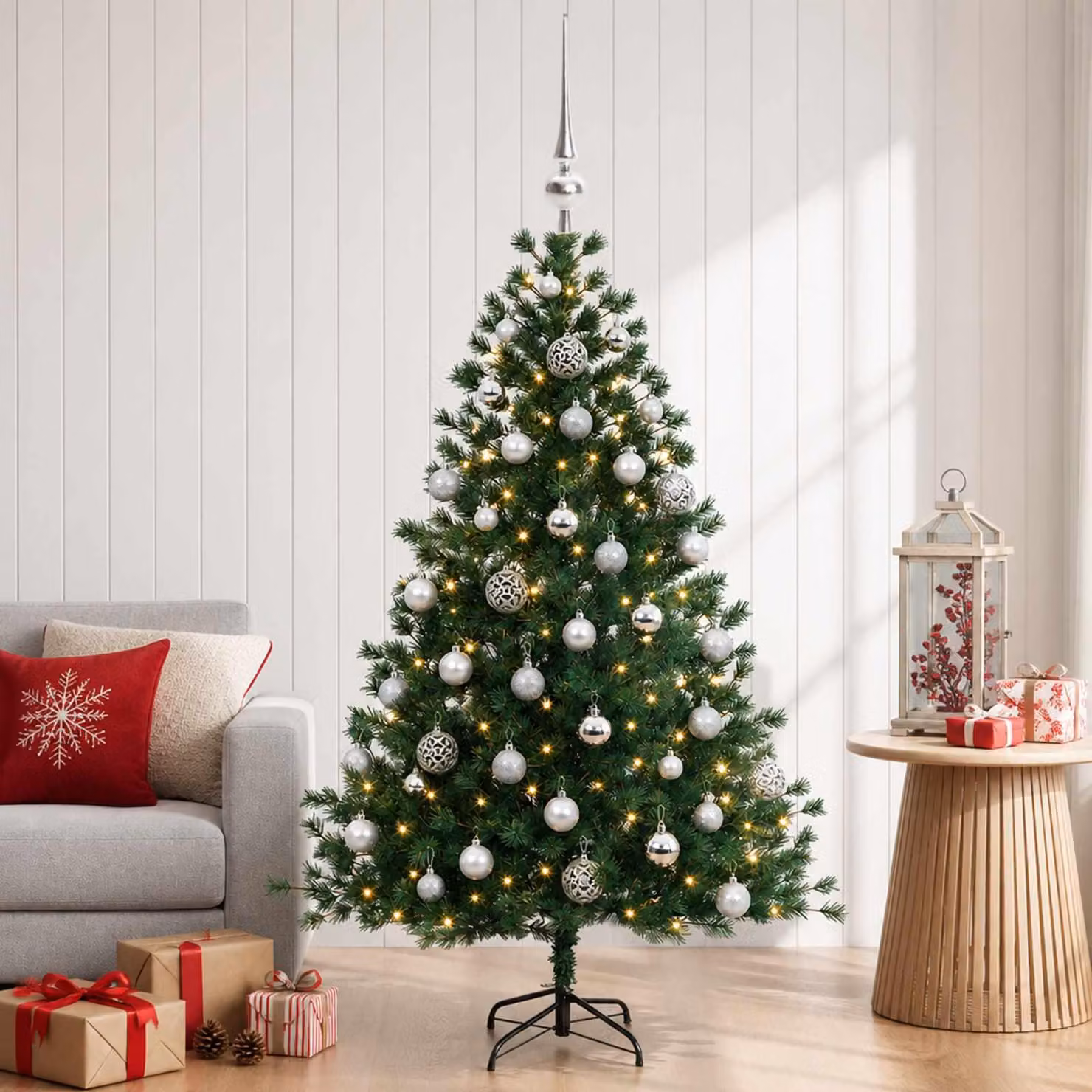 Albero di Natale artificiale con decorazioni natalizie, altezza 150 cm, 150 luci LED