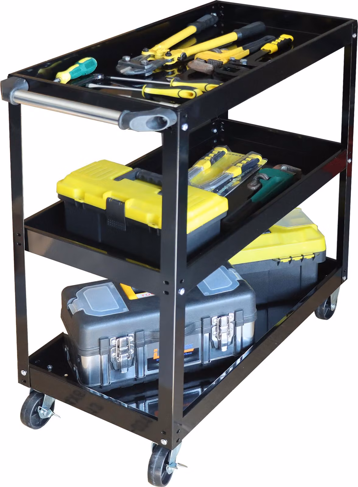 Carrello da officina Relaxdays, carrello portautensili a 3 ripiani, carrello da montaggio mobile, fino a 100 kg, L x P x A: 76 x 35 x 78 cm, nero