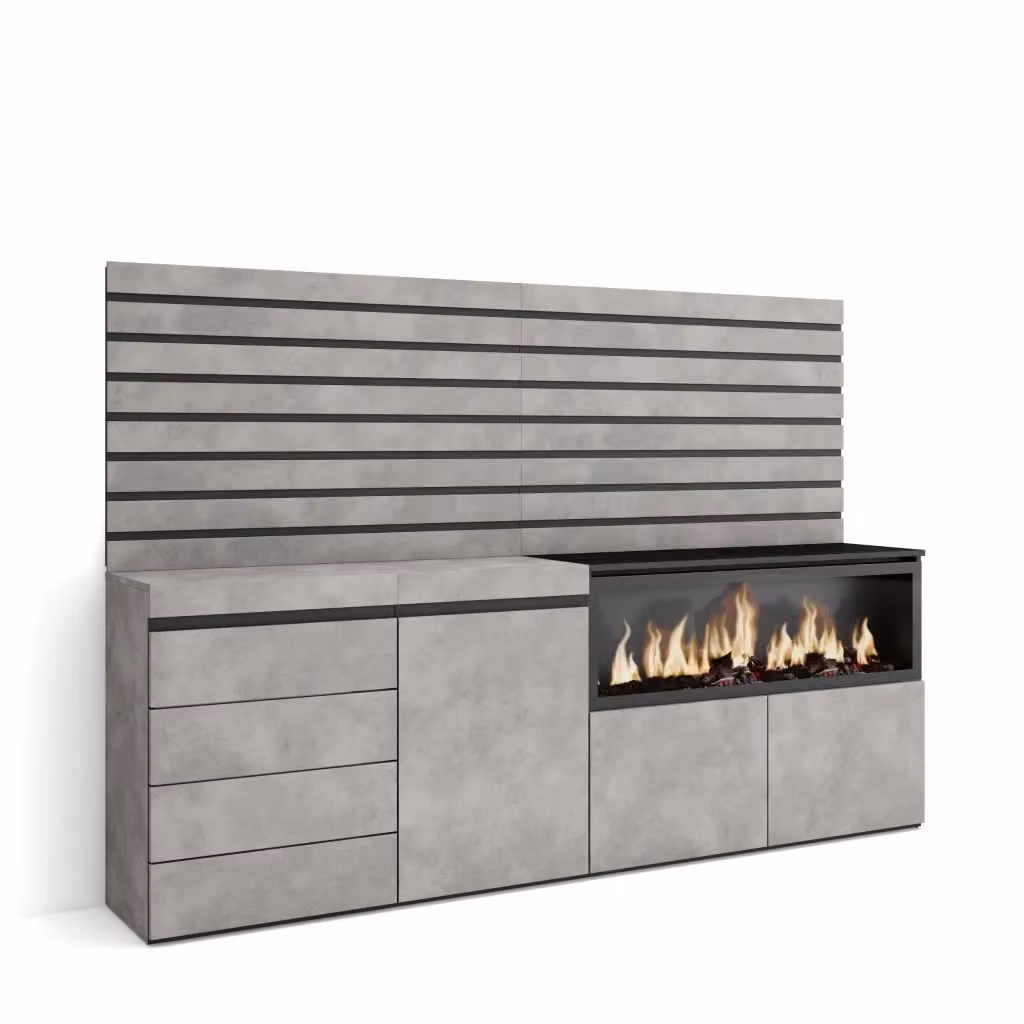 Credenza con Camino Elettrico XXL e Cassettiera SKRAUT HOME, Grigio Cemento, L: 214 cm, P: 35 cm, H: 145 cm – 2