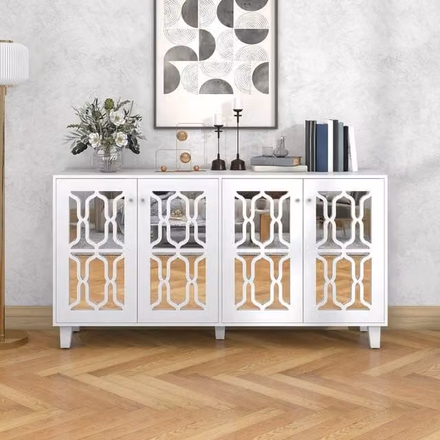 Credenza a Specchio con 4 Ante e Cristallo ¨C Xylo ¨C Bianco, 160x40x84 cm
