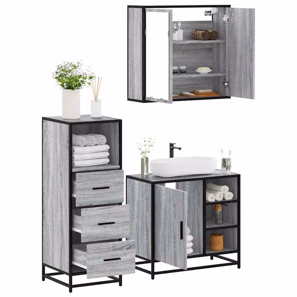 Set di mobili da bagno industrial vidaXL in 3 pezzi colore grigio con specchio, mobile lavabo e mobiletto laterale in legno, metallo e vetro