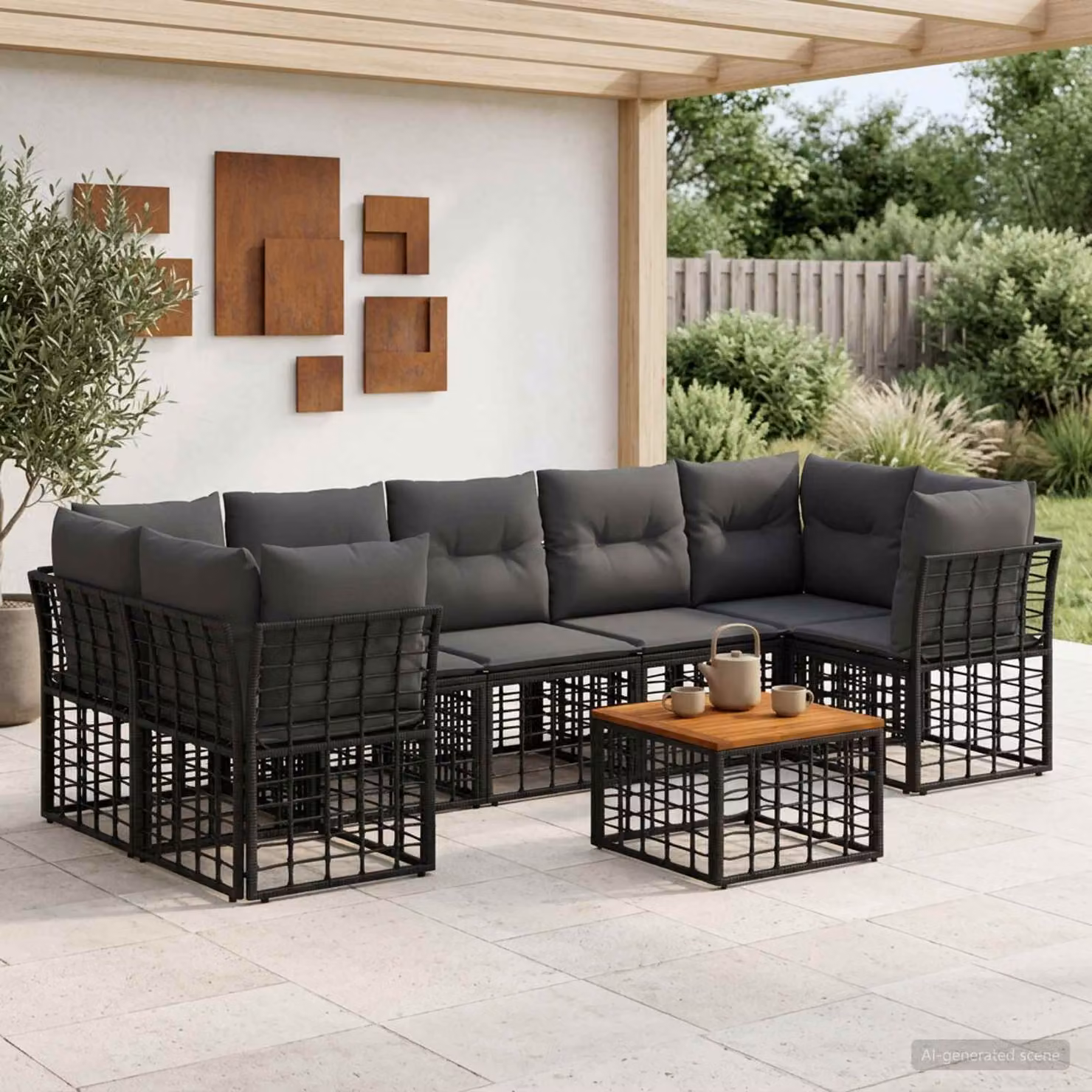 Set di divani da esterno vidaXL 8 pezzi in polyrattan con cuscini, forma a U, colore nero e grigio scuro