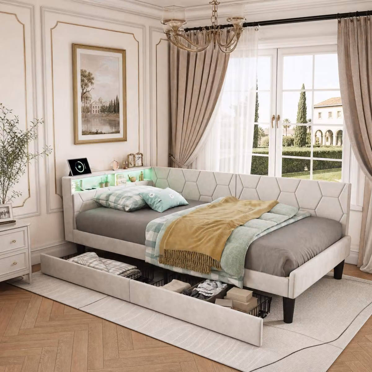 Letto imbottito INONEFT, 90x200 cm, letto per ragazzi con LED e porta USB-C, e spazio contenitivo nella testata. Letto singolo con 2 cassetti, struttura del letto con rete a doghe, rivestito in velluto, colore beige
