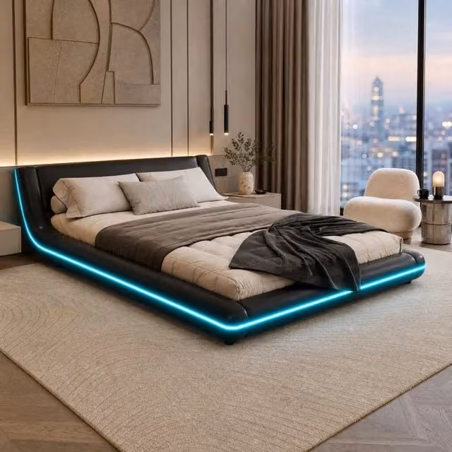 Letto a terra 140x200 cm in PU con illuminazione LED ambientale, struttura nera in MDF