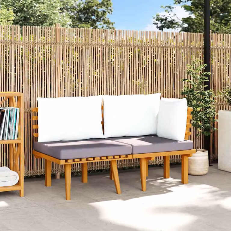 Set di divani da giardino vidaXL a forma di L in legno di acacia con cuscini grigi e bianchi