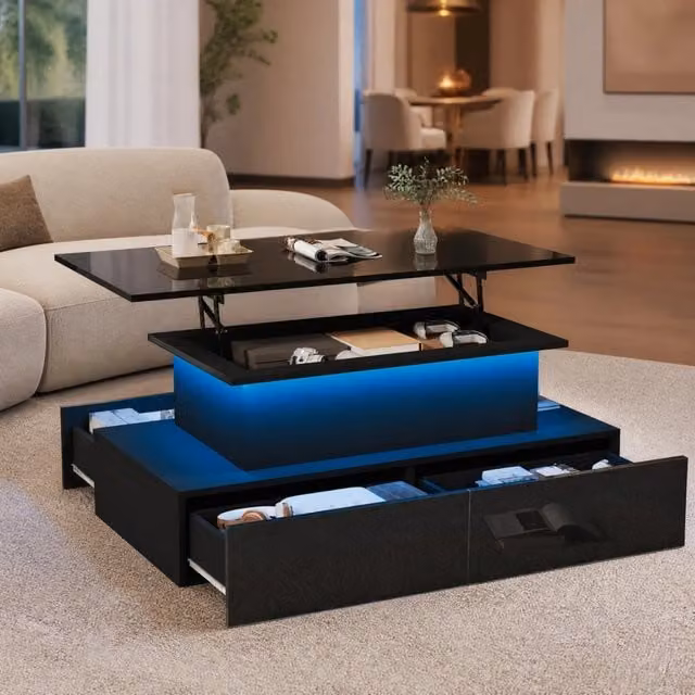 Tavolino da salotto ULEVR 80x55x41 cm nero lucido con LED, piano estraibile e 4 cassetti