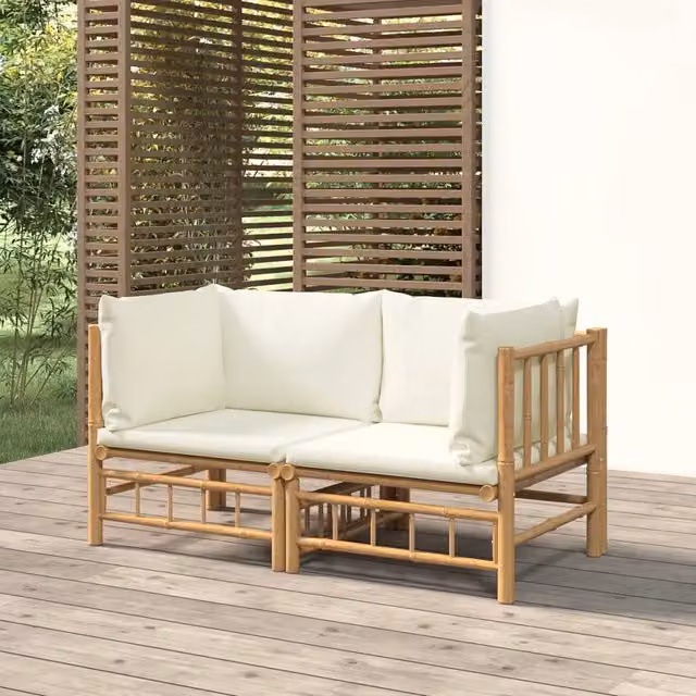 Divani Angolari da Giardino con Cuscini Bianco Crema 2pz Bambù 3155182