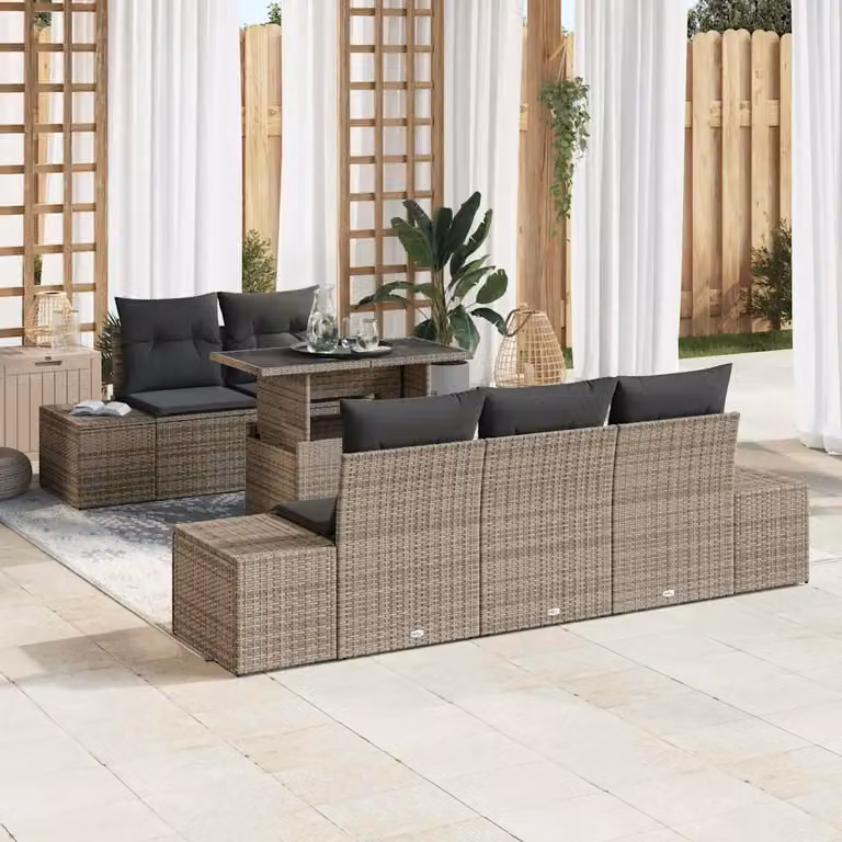 Set Divano da Giardino a L vidaXL in Polyrattan Grigio con Cuscini e Tavolino da 6 Pezzi