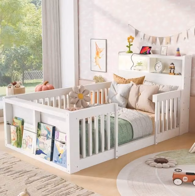 Letto in legno 90x190 cm con sponde alte, luce notturna USB e vano ai piedi