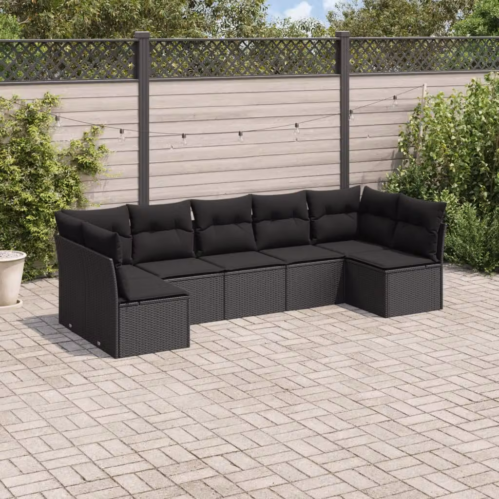 vidaXL Set Divani da Giardino a L in Polyrattan Nero con 7 Cuscini Imbottiti e Coperture Rimovibili – 1