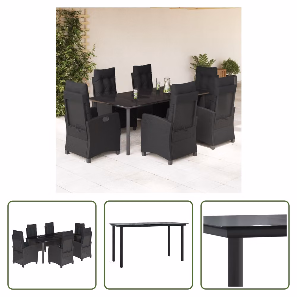 The Living Store Set da pranzo da giardino 7 pezzi con cuscini in polirattan nero