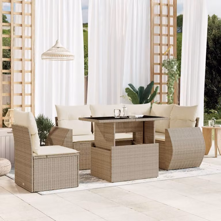 vidaXL Set Divano da Giardino a L con 6 Pezzi, Cuscini Beige e Tavolino, Struttura in Metallo e Polyrattan