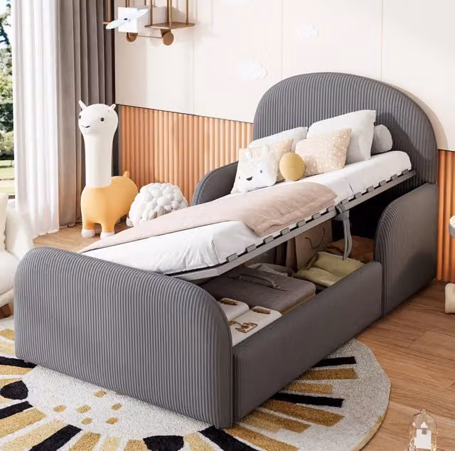Letto imbottito per bambini con vano contenitore idraulico; 90x200 cm; velluto grigio